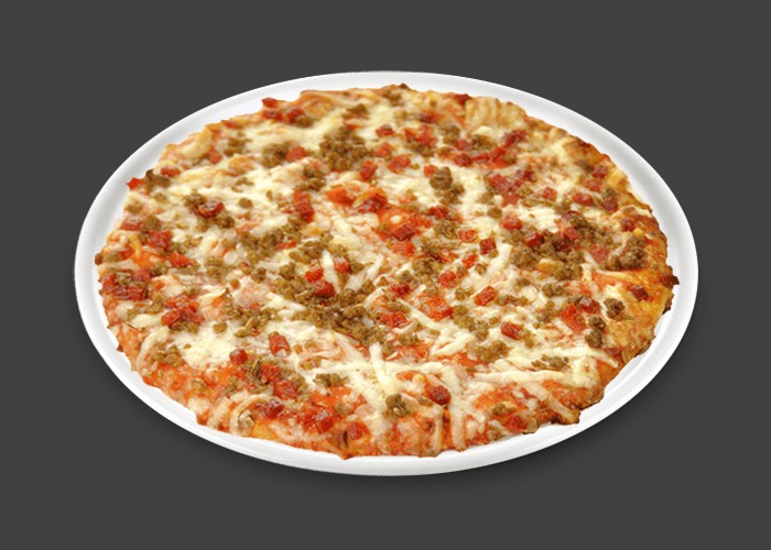 Tomate, double fromage, viande hache, boursin, oignons, olives.