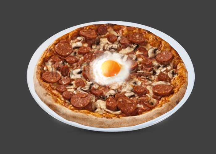 Tomate, double fromage, champignons, chorizo, jambon, merguez, olives, oeuf.