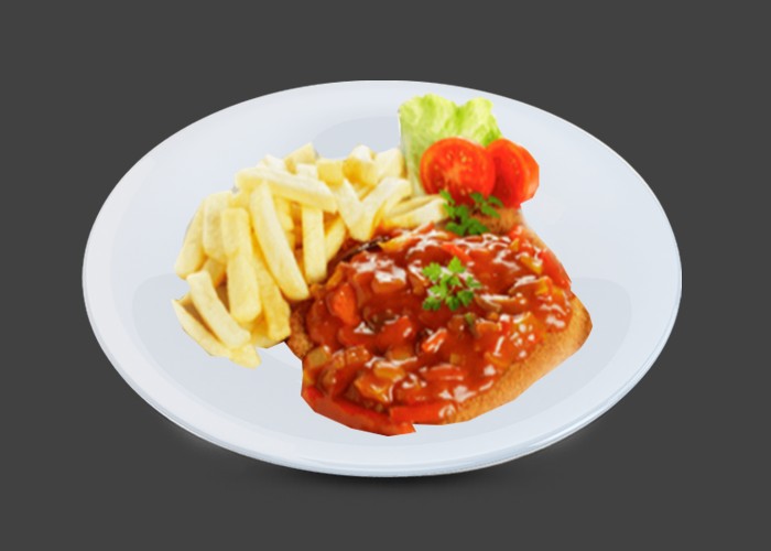 Jambon, sauce bolognaise, fromage gratine au four<br>
+ Garniture au choix.