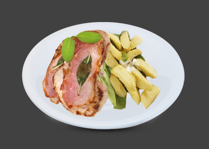 Crme frache, jambon, champignons, gratine au four<br>
+ Garniture au choix.