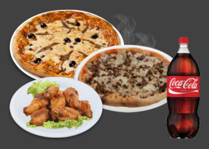 2 Pizzas senior au choix<br>
+ 6 Chicken wings<br>
+ 1 Maxi coca cola 1.25l.
