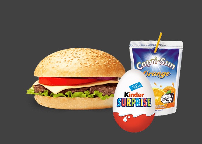 Cheese burger<br>
+ Kinder surprise<br>
+ Capri-Sun.