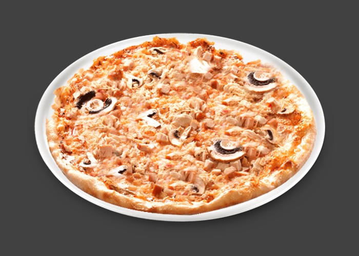Tomate, double fromage, poulet, champignons.